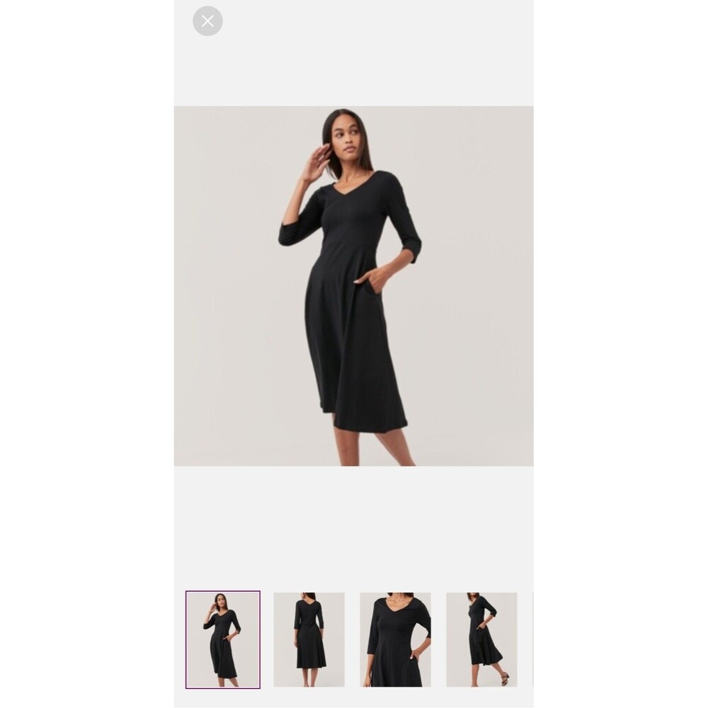 NEW Pact Fit & Flare Midi Dress BLACK SMALL Organic Cotton Pockets 3/4 Sleeves